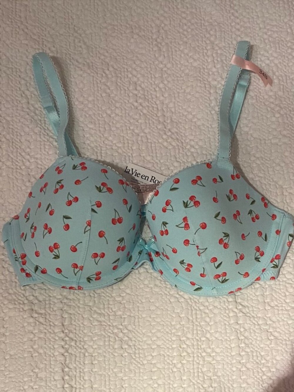 la Vie en Rose Light Blue Cherry Print Push-Up Bra 34B